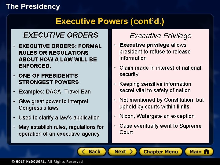The Presidency Executive Powers (cont’d. ) EXECUTIVE ORDERS • EXECUTIVE ORDERS: FORMAL RULES OR