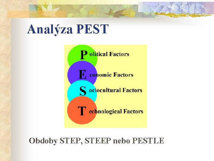 Analýza PEST Obdoby STEP, STEEP nebo PESTLE 