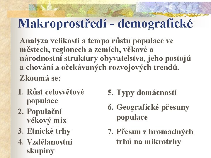 Makroprostředí - demografické Analýza velikosti a tempa růstu populace ve městech, regionech a zemích,