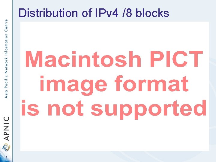 Distribution of IPv 4 /8 blocks Total /8 blocks: 256 7 