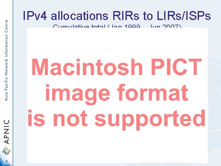 IPv 4 allocations RIRs to LIRs/ISPs Cumulative total (Jan 1999 – Jun 2007) 9 IPv 4 allocations RIRs to LIRs/ISPs Cumulative total (Jan 1999 – Jun 2007) 9