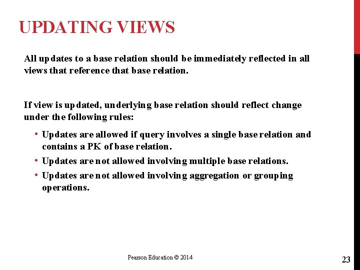 UPDATING VIEWS All updates to a base relation should be immediately reflected in all