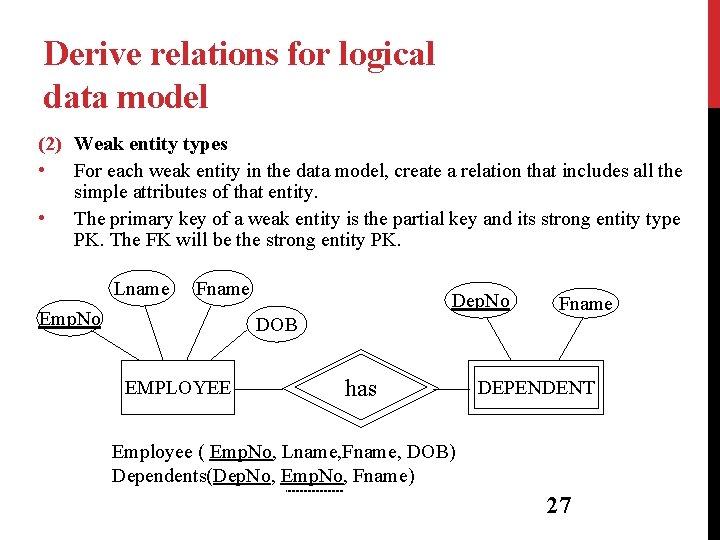 Derive relations for logical data model (2) Weak entity types • For each weak