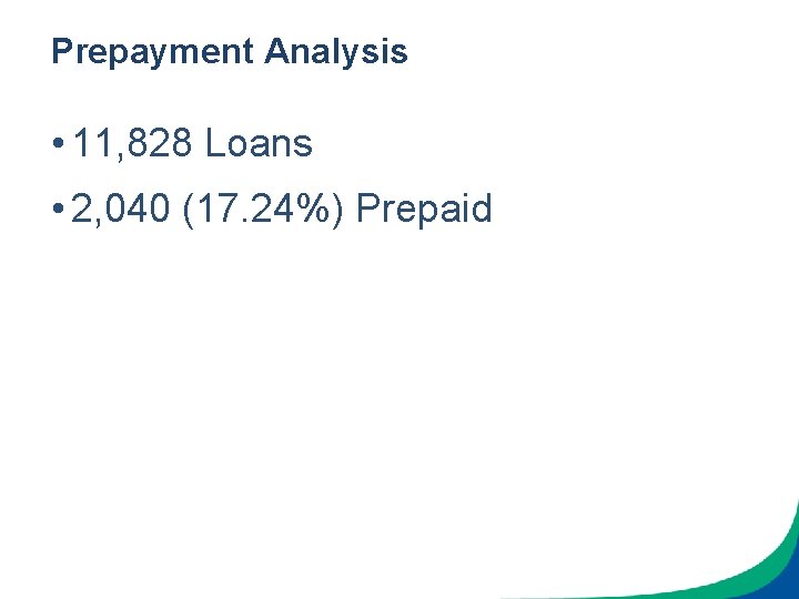 Prepayment Analysis • 11, 828 Loans • 2, 040 (17. 24%) Prepaid 