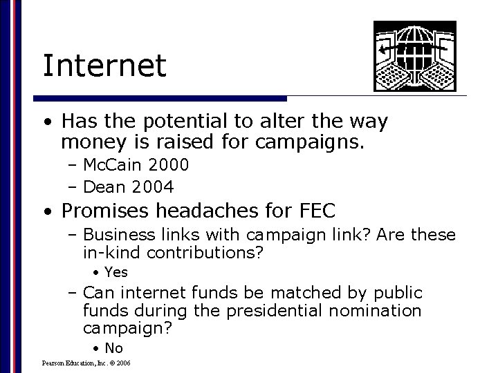 Internet • Has the potential to alter the way money is raised for campaigns.