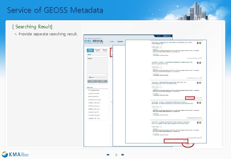 Service of GEOSS Metadata [ Searching Result] Provide separate searching result. 9 