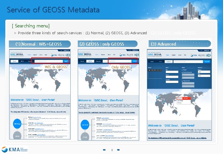 Service of GEOSS Metadata [ Searching menu] Provide three kinds of search-services : (1)