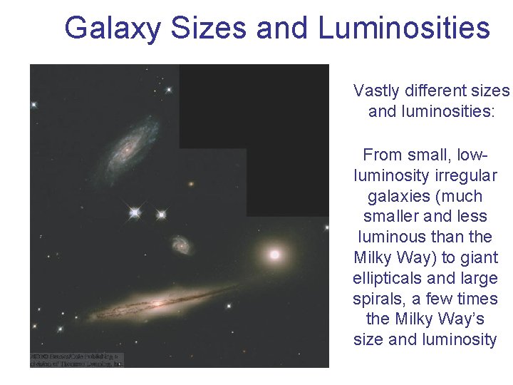 Galaxy Sizes and Luminosities Vastly different sizes and luminosities: From small, lowluminosity irregular galaxies