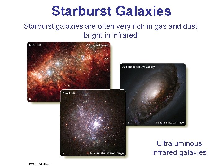 Starburst Galaxies Starburst galaxies are often very rich in gas and dust; bright in