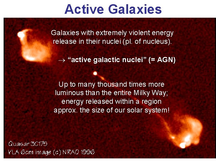 Active Galaxies with extremely violent energy release in their nuclei (pl. of nucleus). “active