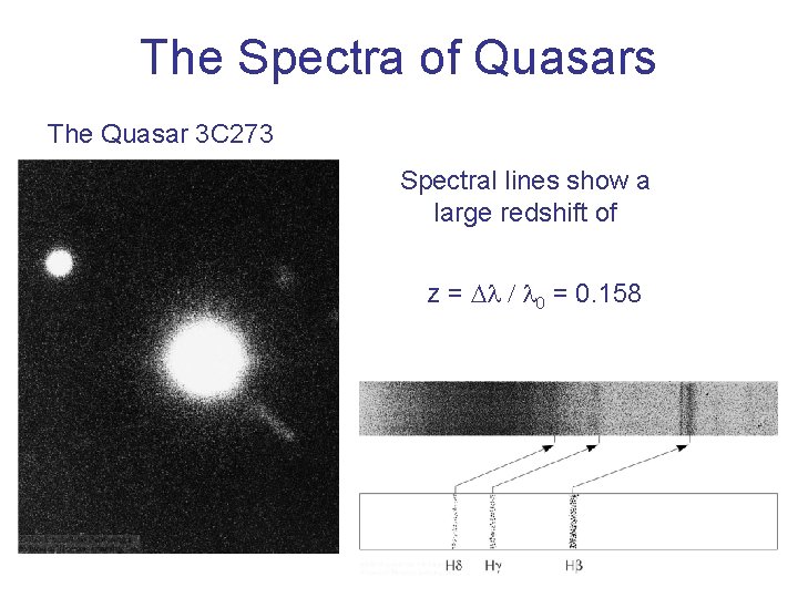 The Spectra of Quasars The Quasar 3 C 273 Spectral lines show a large