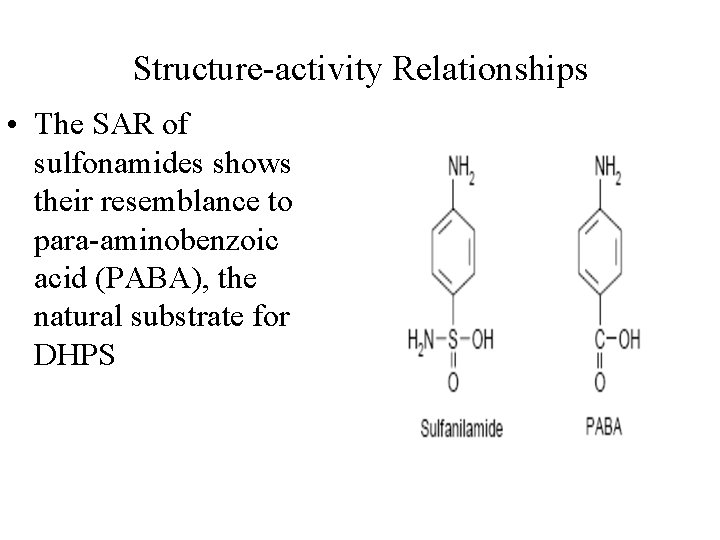 Structure-activity Relationships • The SAR of sulfonamides shows their resemblance to para-aminobenzoic acid (PABA),