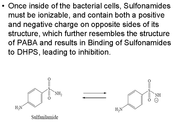  • Once inside of the bacterial cells, Sulfonamides must be ionizable, and contain