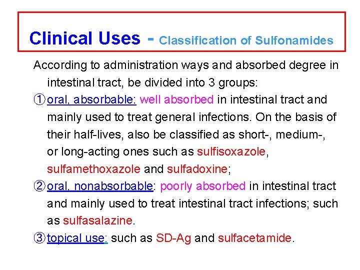 Clinical Uses - Classification of Sulfonamides According to administration ways and absorbed degree in