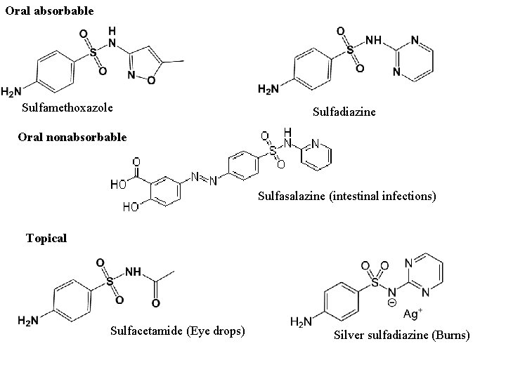 Oral absorbable Sulfamethoxazole Sulfadiazine Oral nonabsorbable Sulfasalazine (intestinal infections) Topical Sulfacetamide (Eye drops) Silver