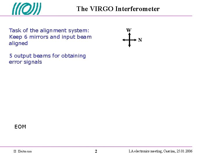 The VIRGO Interferometer Task of the alignment system: Keep 6 mirrors and input beam