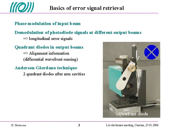 Basics of error signal retrieval Phase modulation of input beam Demodulation of photodiode signals