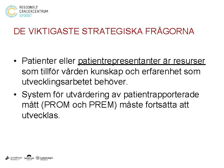 DE VIKTIGASTE STRATEGISKA FRÅGORNA • Patienter eller patientrepresentanter är resurser som tillför vården kunskap