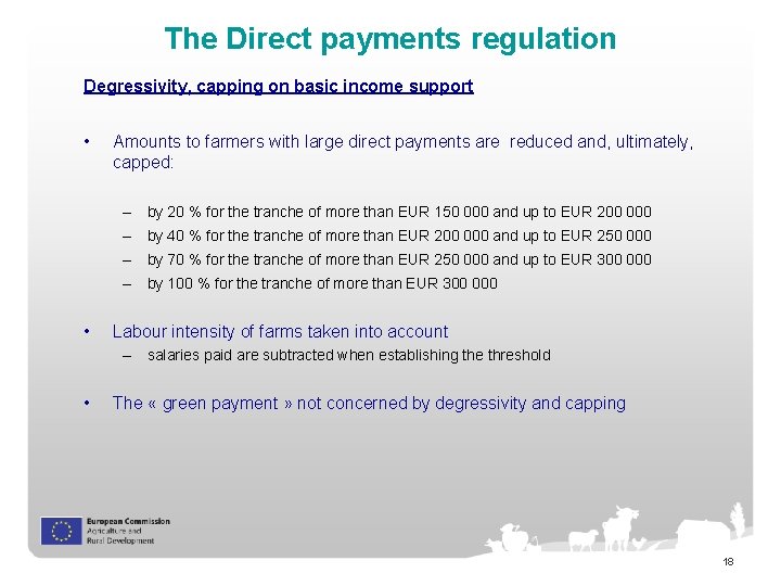 The Direct payments regulation Degressivity, capping on basic income support • Amounts to farmers