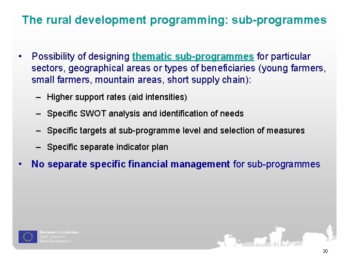 The rural development programming: sub-programmes • Possibility of designing thematic sub-programmes for particular sectors,