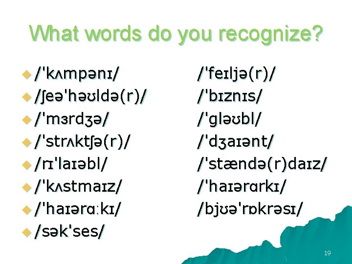 What words do you recognize? u /'kʌmpənɪ/ u /ʃeə'həʊldə(r)/ u /'mɜrdʒə/ u /'strʌktʃə(r)/ u