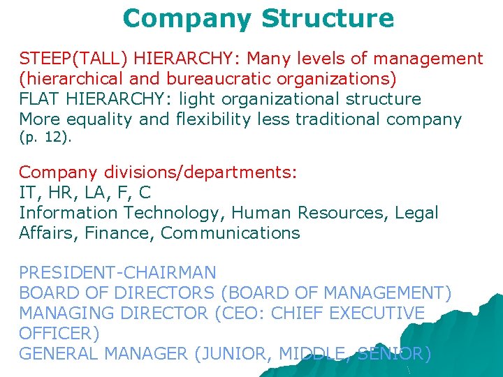 Company Structure STEEP(TALL) HIERARCHY: Many levels of management (hierarchical and bureaucratic organizations) FLAT HIERARCHY: