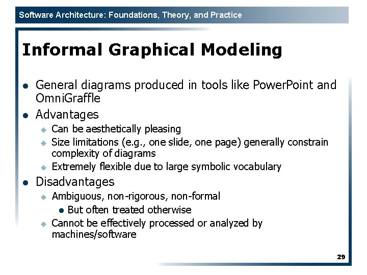 Software Architecture: Foundations, Theory, and Practice Informal Graphical Modeling l l General diagrams produced