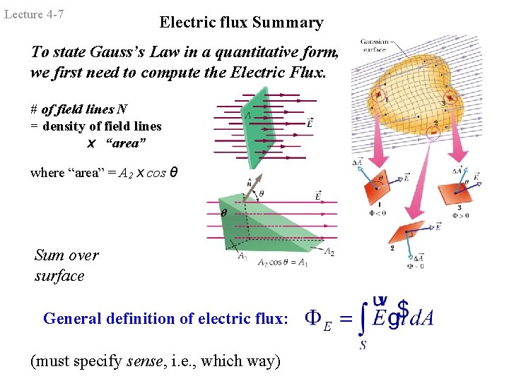 Lecture 4 -7 Electric flux Summary To state Gauss’s Law in a quantitative form,