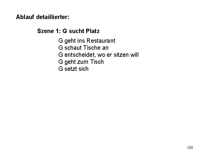 Ablauf detaillierter: Szene 1: G sucht Platz G geht ins Restaurant G schaut Tische