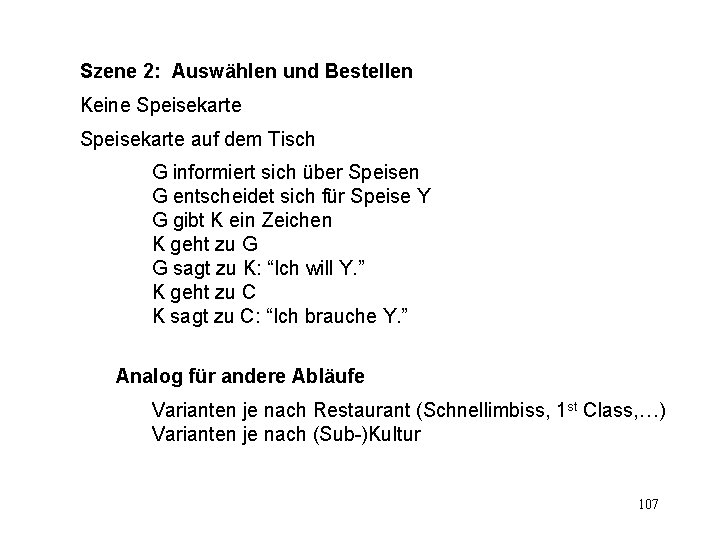 Szene 2: Auswählen und Bestellen Keine Speisekarte auf dem Tisch G informiert sich über