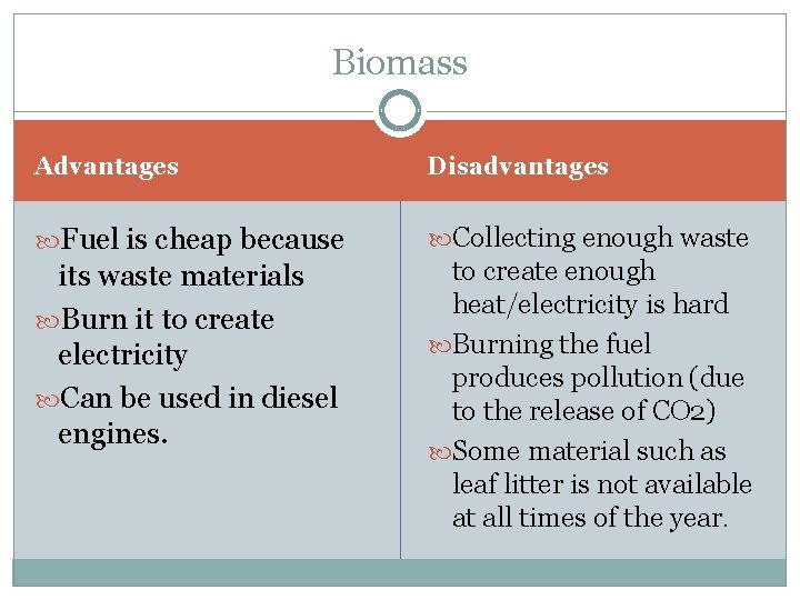 Biomass Advantages Disadvantages Fuel is cheap because Collecting enough waste its waste materials Burn