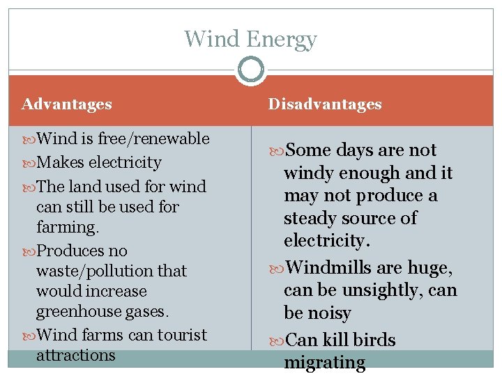 Wind Energy Advantages Wind is free/renewable Makes electricity The land used for wind can