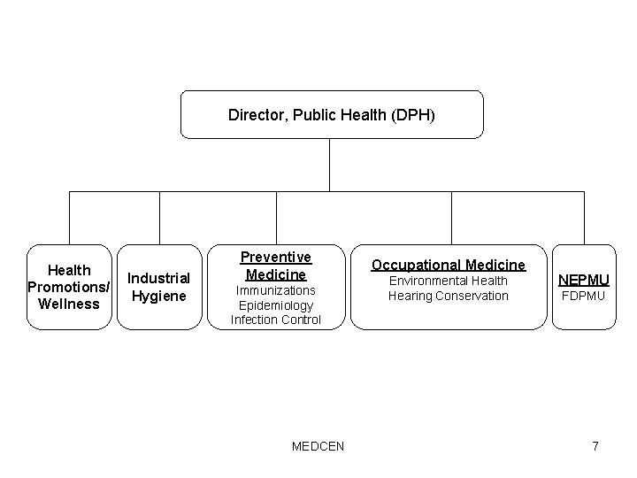 Director, Public Health (DPH) Health Promotions/ Wellness Industrial Hygiene Preventive Medicine Immunizations Epidemiology Infection