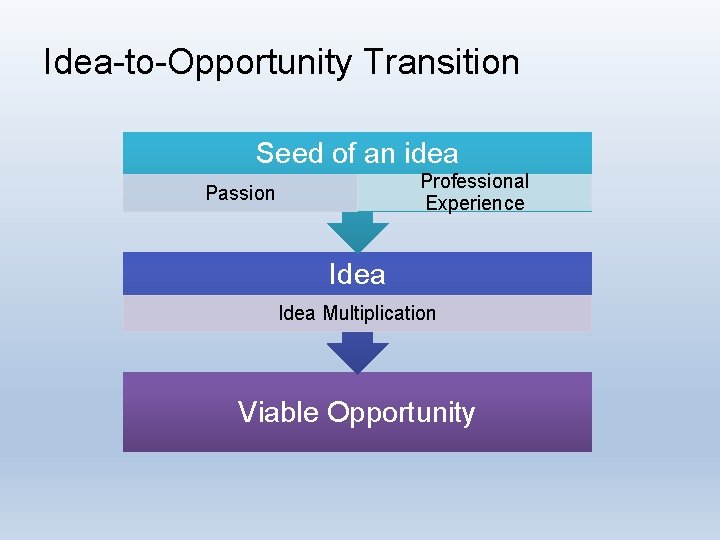 Idea-to-Opportunity Transition Seed of an idea Professional Experience Passion Idea Multiplication Viable Opportunity 