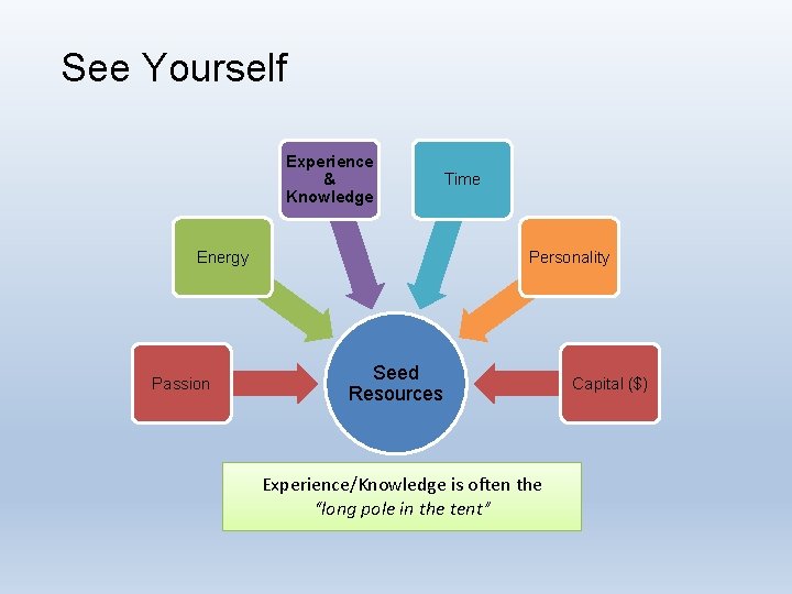 See Yourself Experience & Knowledge Energy Passion Time Personality Seed Resources Experience/Knowledge is often