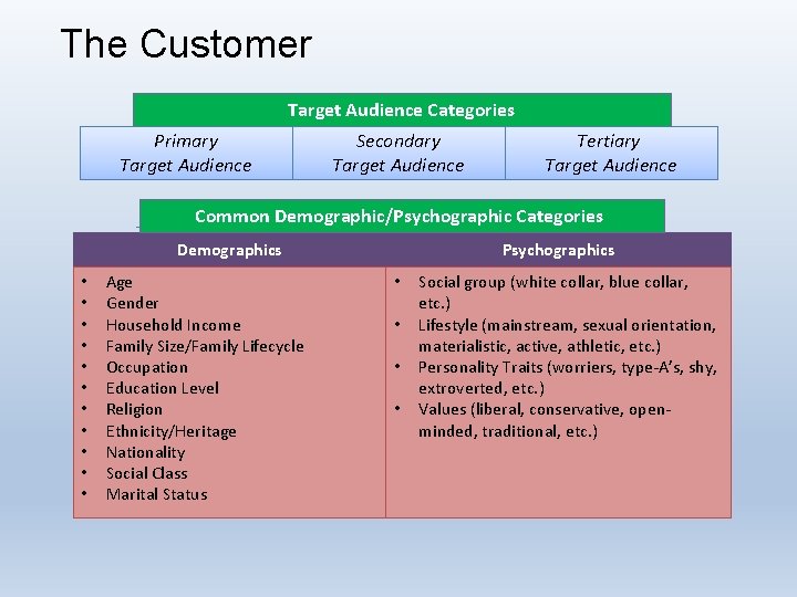 The Customer Target Audience Categories Primary Target Audience Secondary Target Audience Tertiary Target Audience