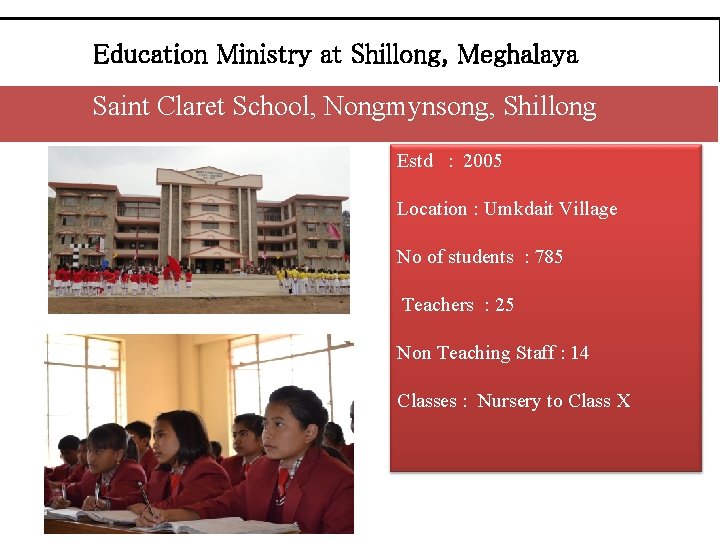 Education Ministry at Shillong, Meghalaya Saint Claret School, Nongmynsong, Shillong Estd : 2005 Location