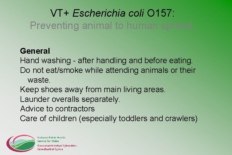 VT+ Escherichia coli O 157: Preventing animal to human spread. General Hand washing -