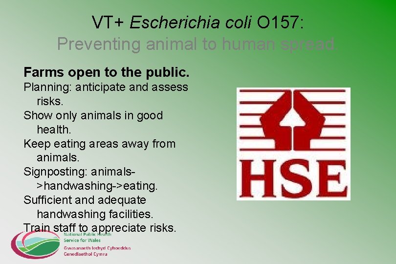VT+ Escherichia coli O 157: Preventing animal to human spread. Farms open to the