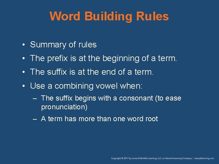 Word Building Rules • Summary of rules • The prefix is at the beginning