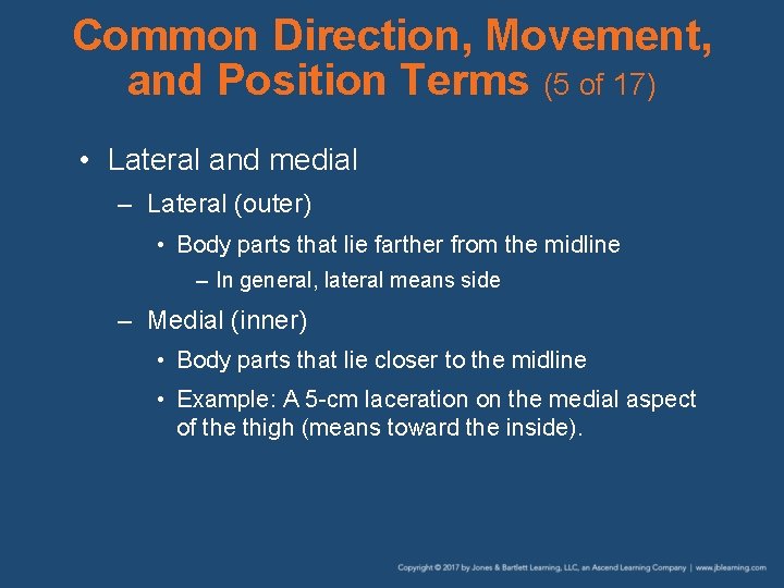 Common Direction, Movement, and Position Terms (5 of 17) • Lateral and medial –
