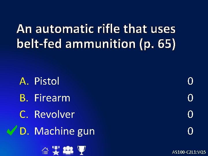 An automatic rifle that uses belt-fed ammunition (p. 65) A. B. C. D. Pistol