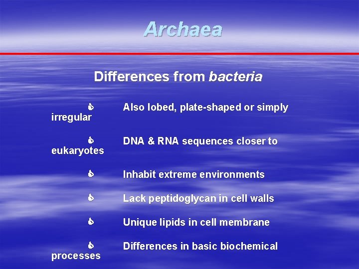 Archaea Differences from bacteria irregular Also lobed, plate-shaped or simply eukaryotes DNA & RNA