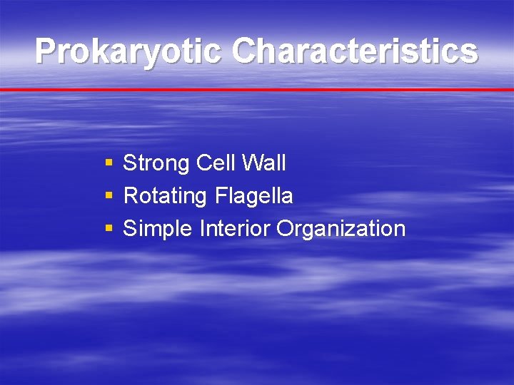 Prokaryotic Characteristics § § § Strong Cell Wall Rotating Flagella Simple Interior Organization 