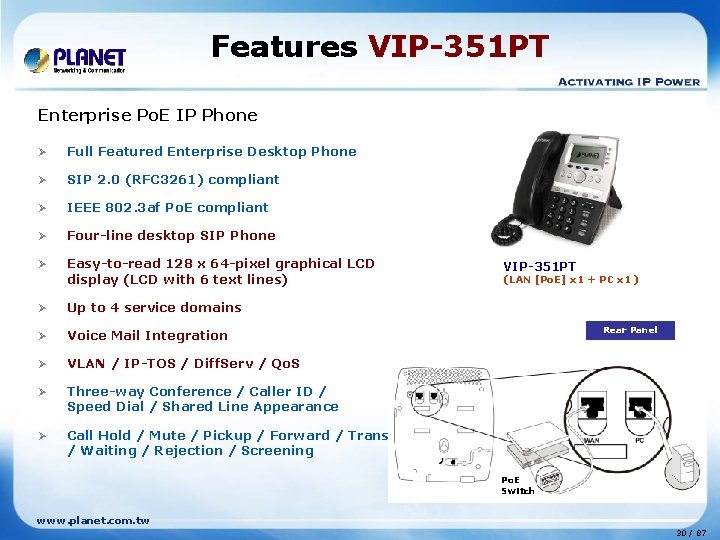 Features VIP-351 PT Enterprise Po. E IP Phone Ø Full Featured Enterprise Desktop Phone