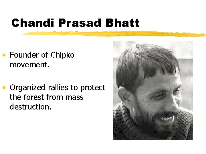 Chandi Prasad Bhatt • Founder of Chipko movement. • Organized rallies to protect the