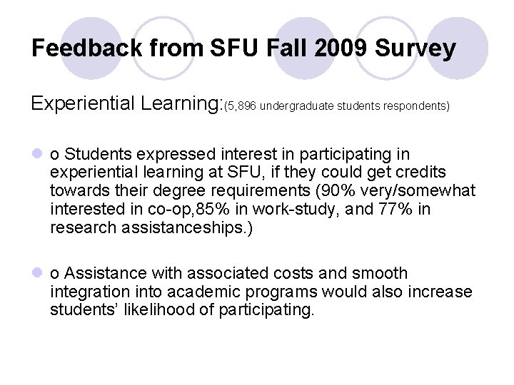 Feedback from SFU Fall 2009 Survey Experiential Learning: (5, 896 undergraduate students respondents) l