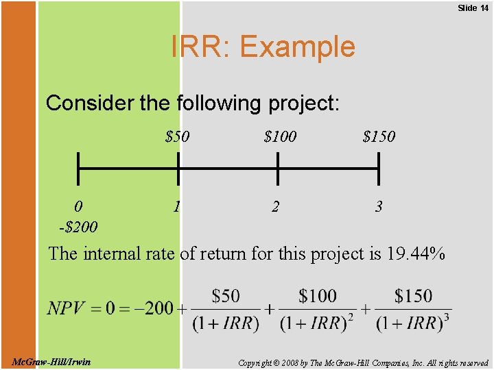 Slide 14 IRR: Example Consider the following project: 0 -$200 $50 $100 $150 1