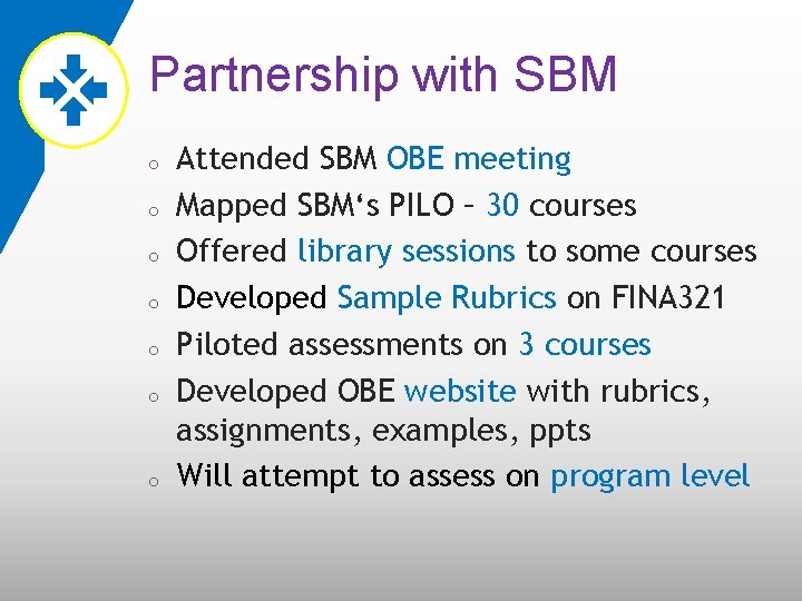 Partnership with SBM o o o o Attended SBM OBE meeting Mapped SBM‘s PILO