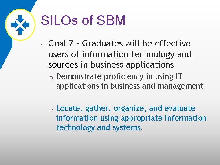 SILOs of SBM o Goal 7 – Graduates will be effective users of information